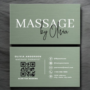 Sage Green Metallic Massage Therapist QR Code  Business Card