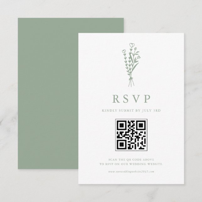 Sage Green Minimailist Botanicals QR Code Wedding RSVP Card (Front/Back)