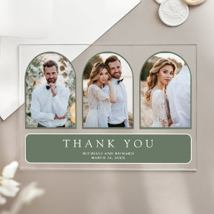 Sage Green Minimal Arch 3 Photo Wedding Thank You Acrylic Invitations