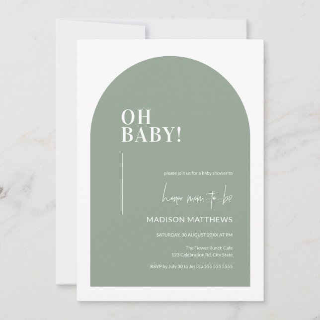 Sage Green Minimal Arch Oh Baby Shower Invitation (Front)