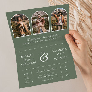 Sage Green Minimal Arch Photo QR code Wedding Invitation