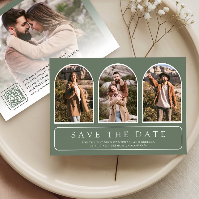 Sage Green Minimal Arch Photo QR Code Wedding Save The Date (Creator Uploaded)