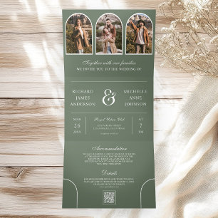 Sage Green Minimal Arch Photo QR code Wedding Tri-Fold Invitation