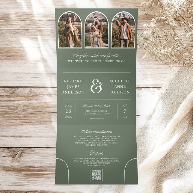 Sage Green Minimal Arch Photo QR code Wedding Tri-Fold Invitation (Creator Uploaded)