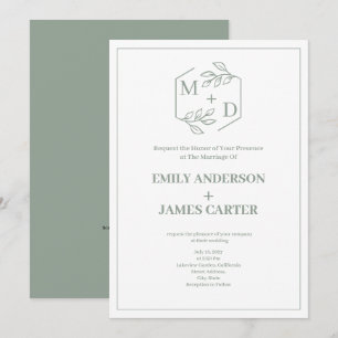 Sage Green Minimal Botanical Monogram Wedding Invitation