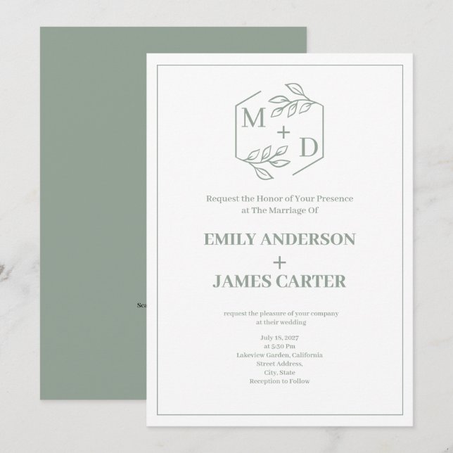 Sage Green Minimal Botanical Monogram Wedding  Invitation (Front/Back)