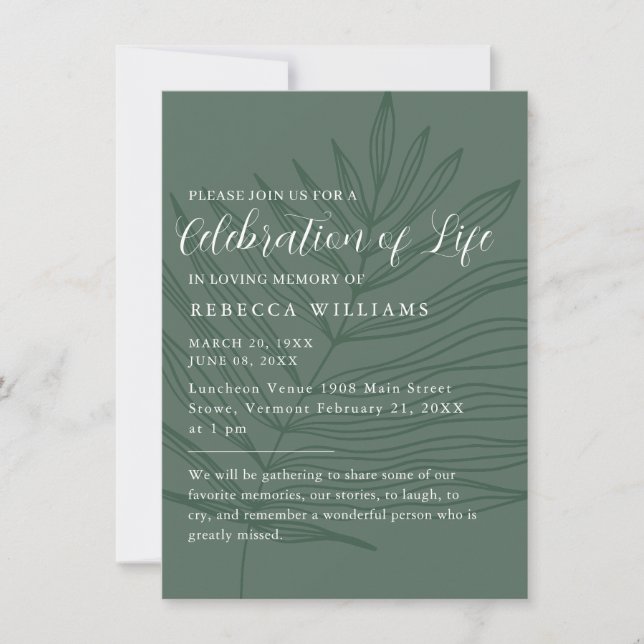 Sage Green Minimal Celebration of Life  Invitation (Front)