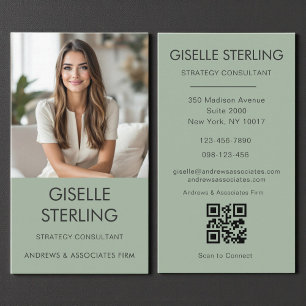 Sage Green Minimal QR Code Photo Modern  Business Card
