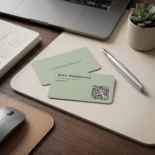 Sage Green Minimal QR Code Tech Founder Startup Business Card