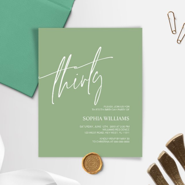 Sage Green Minimalist 30th Birthday Invitation (Creator Uploaded)