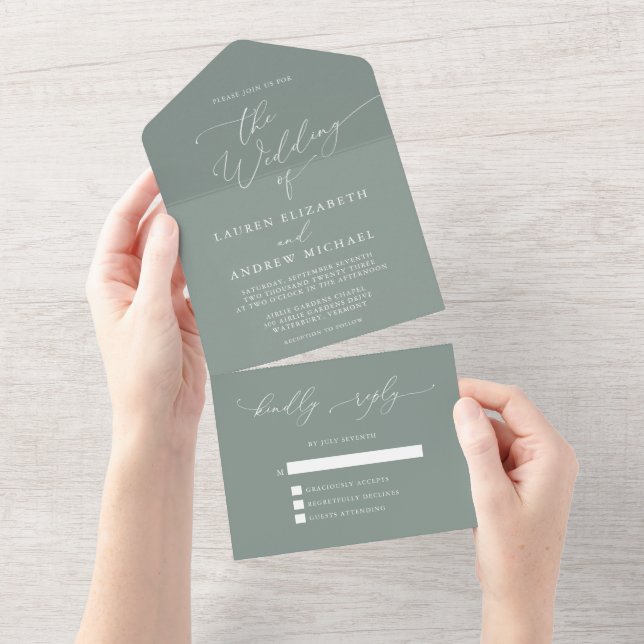 Sage Green Minimalist All in One Wedding Invitation (Tearaway)