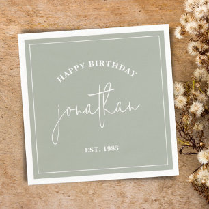 Sage Green Minimalist Birthday Custom Name Napkins