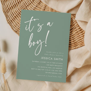 Sage Green Minimalist Bohemian Boy Baby Shower Invitation