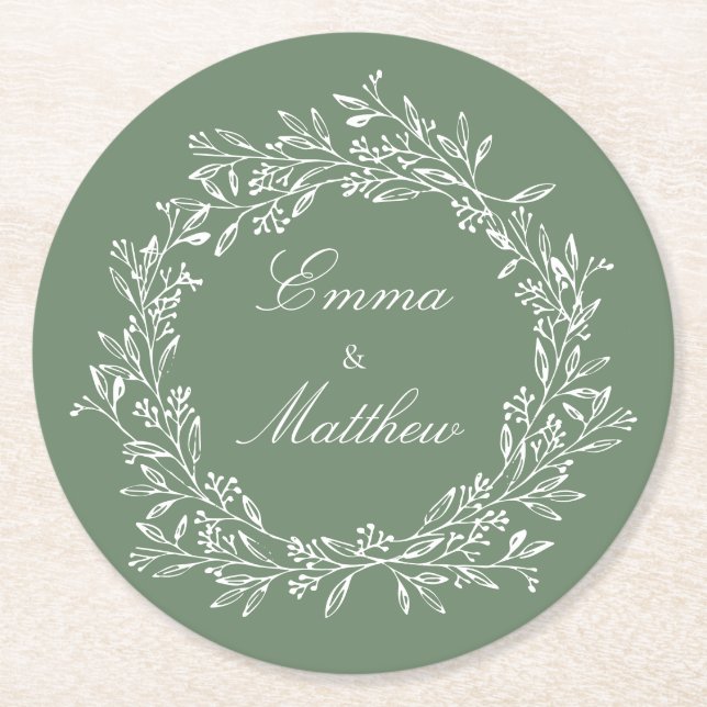 Sage Green Minimalist Boho Floral Garden Round Paper Coaster (Front)