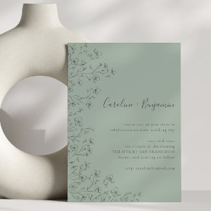 Sage Green Minimalist Boho Floral Line Art Wedding Invitation