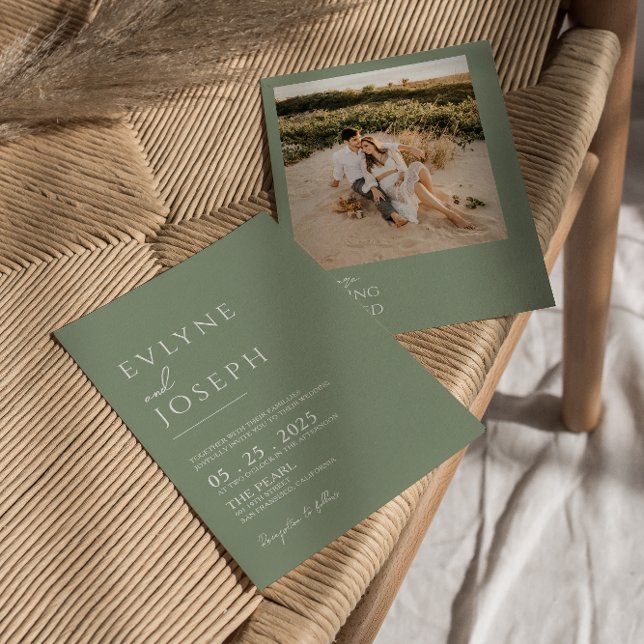 Sage Green Minimalist Boho Neutral Photo Wedding Invitation (Creator Uploaded)