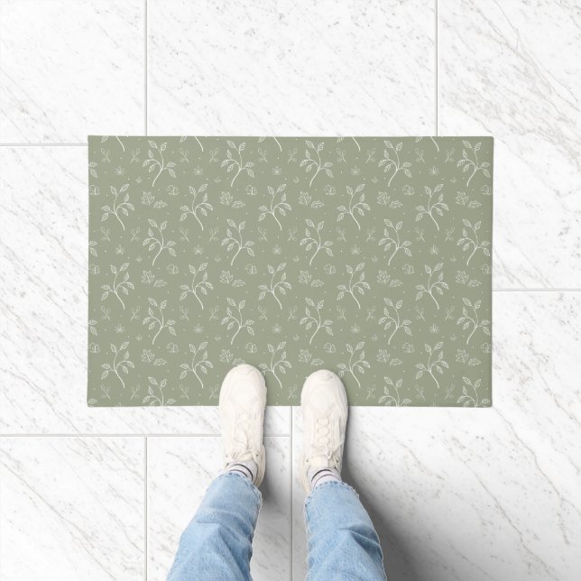Sage Green Minimalist Botanical Leaf Print Doormat (Indoor)