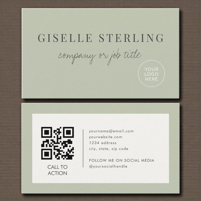 Sage Green Minimalist Company Logo QR Code Business Card (Creator Uploaded)