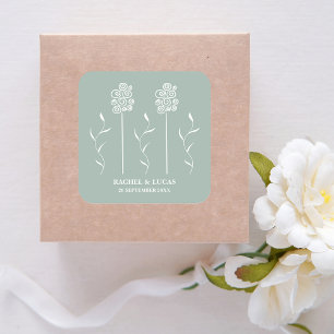 Sage Green Minimalist Curly Floral Square Square Sticker