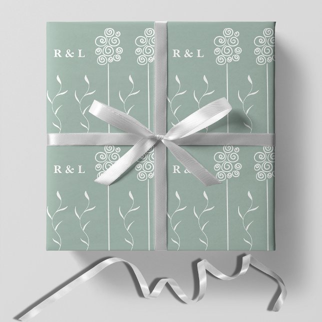 Sage Green Minimalist Curly Floral Wrapping Paper (Creator Uploaded)
