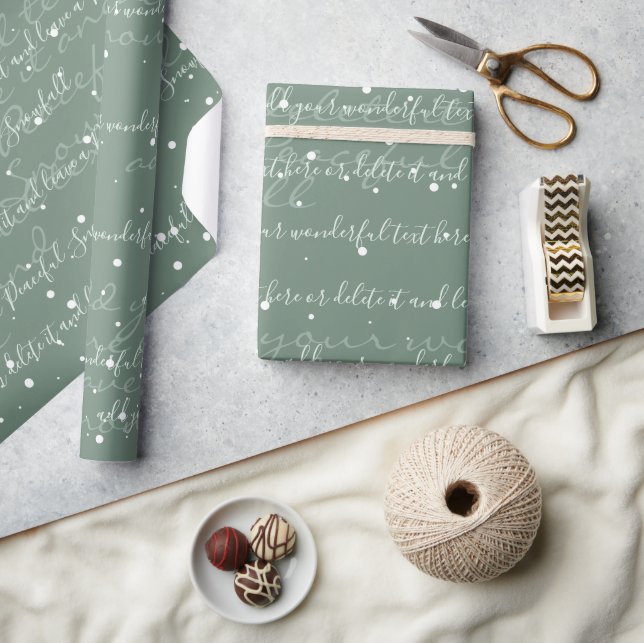 Sage Green Minimalist Custom Script Text Snowfall Wrapping Paper (Crafts)