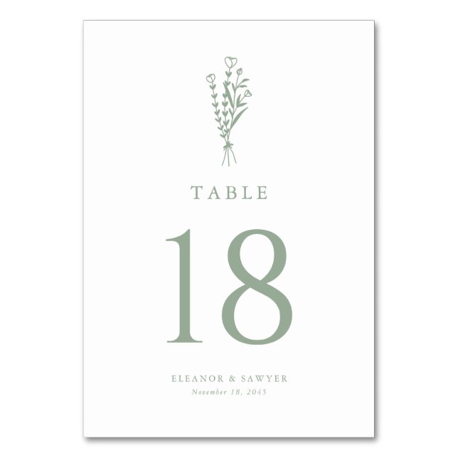 Sage Green Minimalist Floral Bouquet Wedding Table Number (Front)