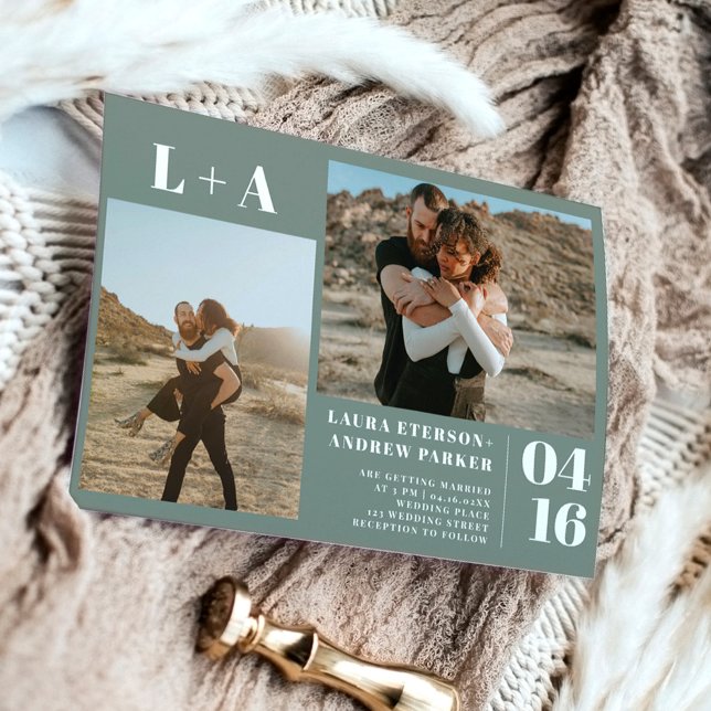 Sage green minimalist initials 2 photos wedding invitation (Creator Uploaded)