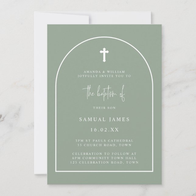 Sage Green Minimalist Modern Arch Script Baptism Invitation (Front)