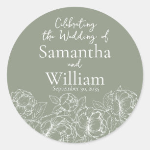 Sage Green Minimalist Modern Boho Floral Wedding Classic Round Sticker