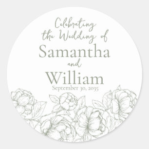 Sage Green Minimalist Modern Boho Floral Wedding Classic Round Sticker
