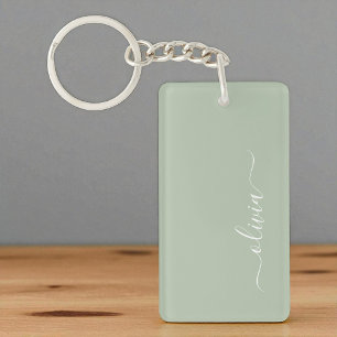 Sage Green Minimalist Modern Monogram Elegant Key Ring