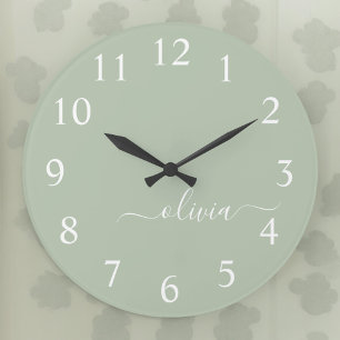 Sage Green Minimalist Modern Monogram Elegant  Large Clock