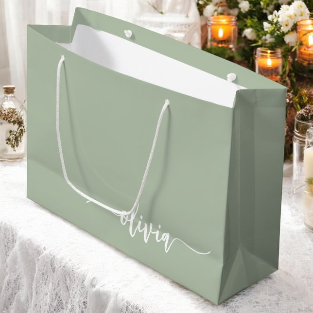 Sage Green Minimalist Modern Monogram Elegant  Large Gift Bag (Creator Uploaded)