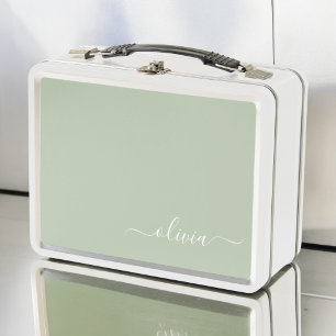 Sage Green Minimalist Modern Monogram Elegant Metal Lunch Box