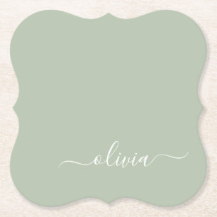 Sage Green Minimalist Modern Monogram Elegant  Paper Coaster