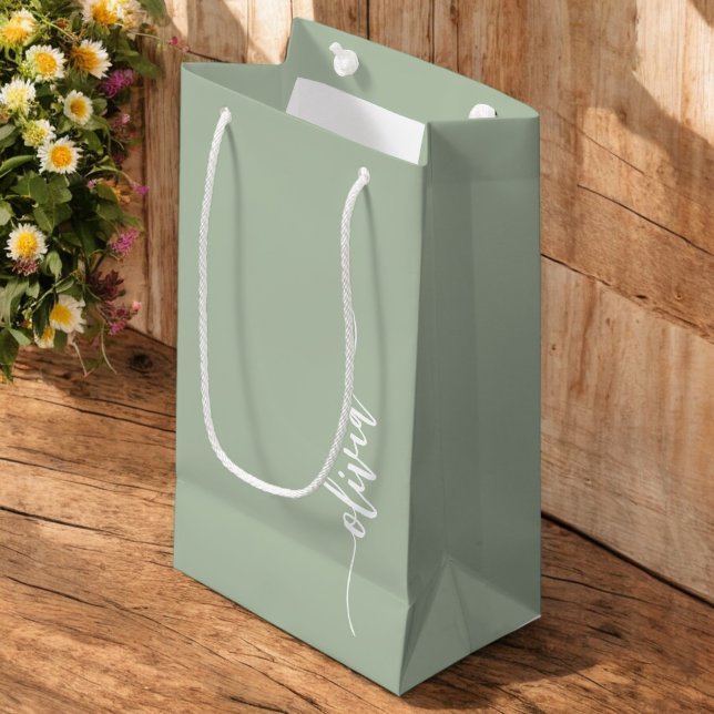 Sage Green Minimalist Modern Monogram Elegant Small Gift Bag (Creator Uploaded)