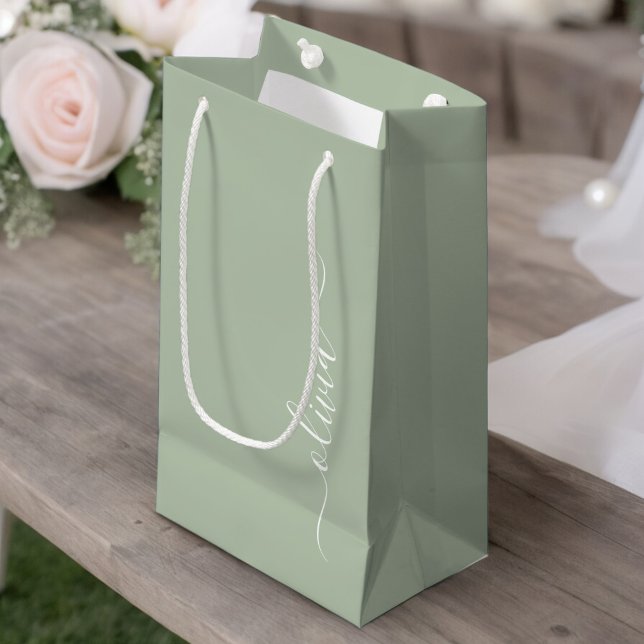 Sage Green Minimalist Modern Monogram Elegant Small Gift Bag (Creator Uploaded)