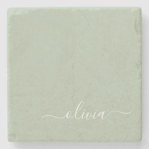 Sage Green Minimalist Modern Monogram Elegant  Stone Coaster