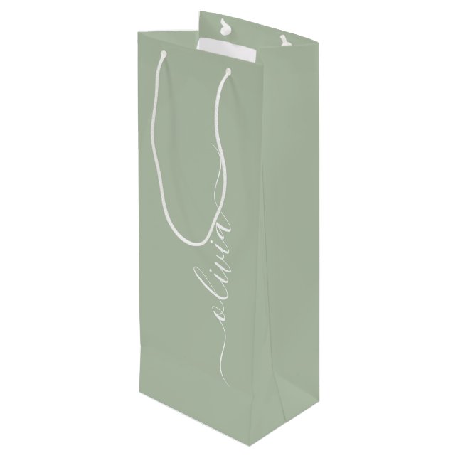 Sage Green Minimalist Modern Monogram Elegant Wine Gift Bag (Back Angled)