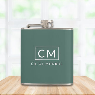 Sage Green Minimalist Modern Monogram Name Hip Flask