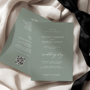 Sage green minimalist modern QR code wedding Invitation