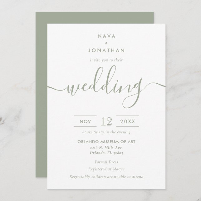 Sage Green Minimalist Modern Script Wedding Invitation (Front/Back)