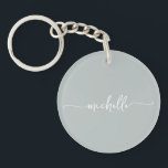 Sage Green Minimalist Monogram Name Script Key Ring<br><div class="desc">Elegant Sage Green Sophisticated Girly Monogram Name Script Custom Personalised Keychain. These Simple Minimalist design featuring your first name in a pretty hand lettered style swash tail font signature typography script on sage green or dusty green colour background. So easy to customise. Great stylish feminine housewarming gift, also for birthday,...</div>