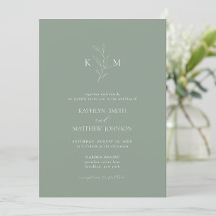 Sage Green Minimalist Monogram Olive Leaf Wedding Invitation