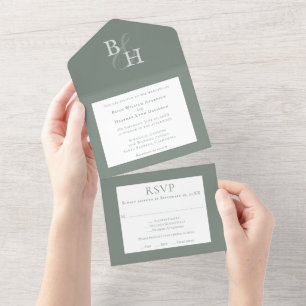 Sage Green Minimalist Monogram Wedding All In One Invitation