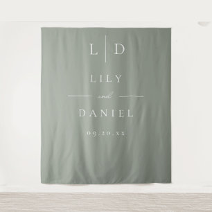 Sage Green Minimalist Monogram Wedding Backdrop Tapestry