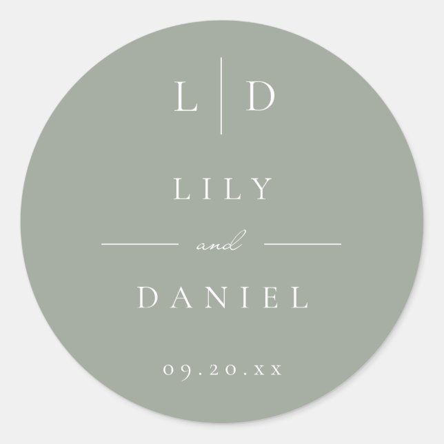 Sage Green Minimalist Monogram Wedding Favour Classic Round Sticker (Front)