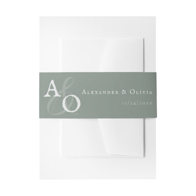 Sage Green Minimalist Monogram Wedding Invitation Belly Band (Front Example)