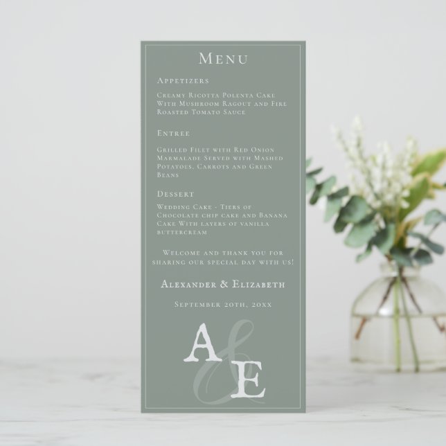 Sage Green Minimalist Monogram Wedding Menu (Standing Front)