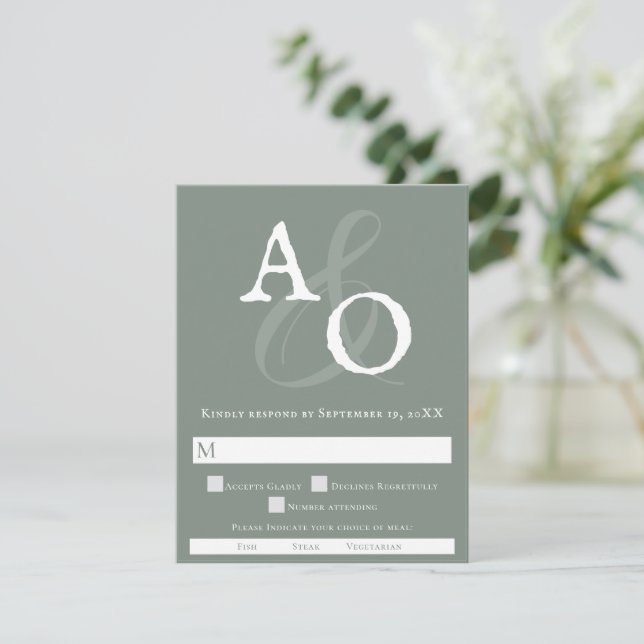 Sage Green Minimalist Monogram Wedding RSVP Card (Standing Front)
